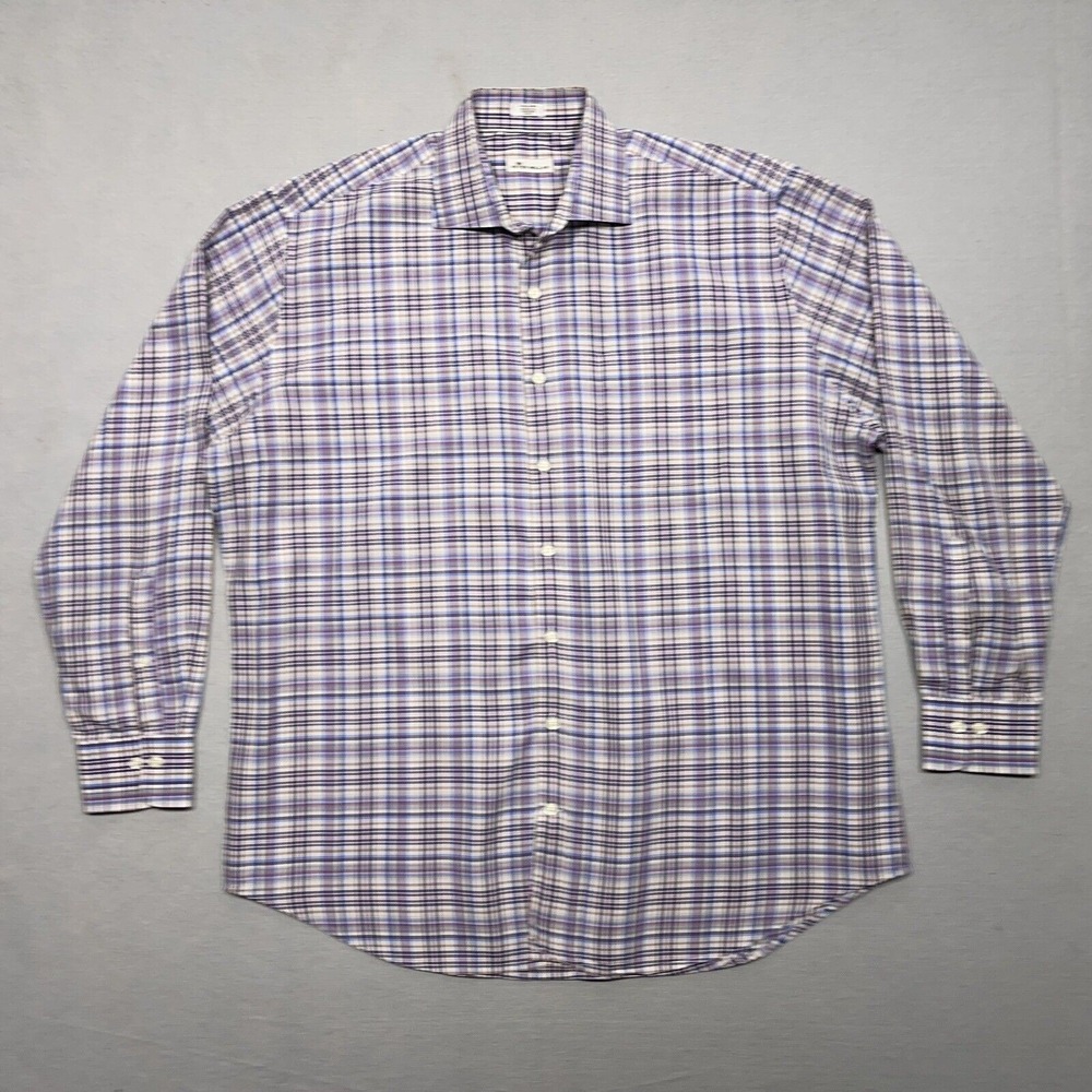 Peter Millar Shirt Men XL Plaid Button Down Purple Blue Preppy Classic‎ Office